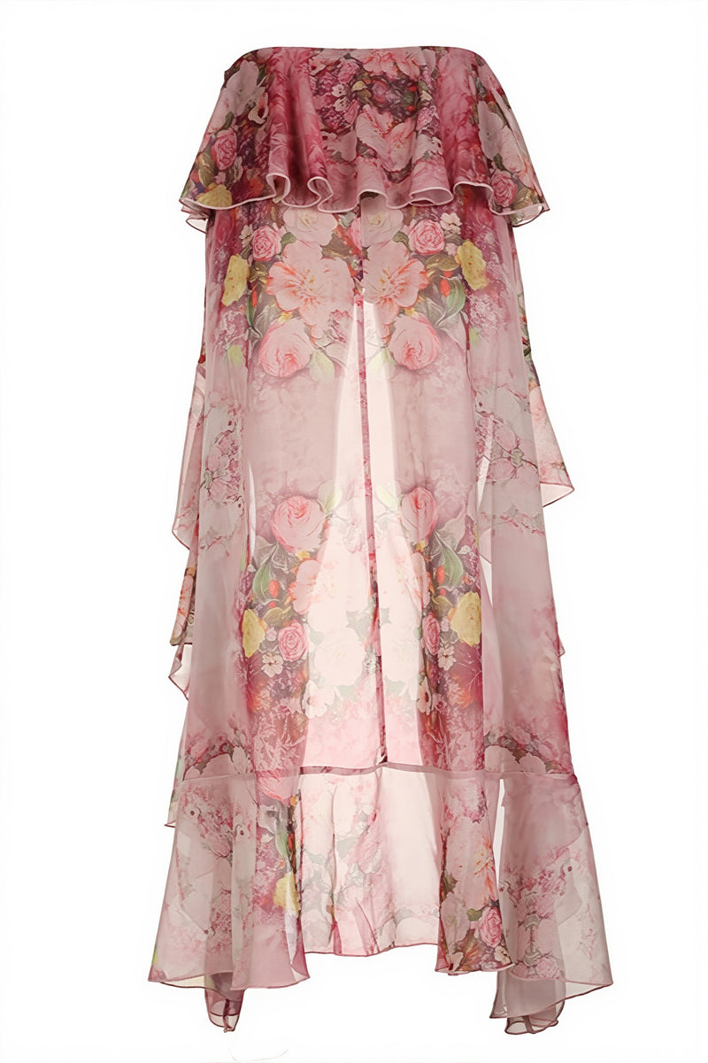 Chic Floral Print Double Ruffle Asymmetric Skirt