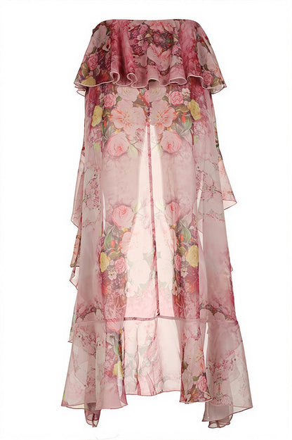 Chic Floral Print Double Ruffle Asymmetric Skirt