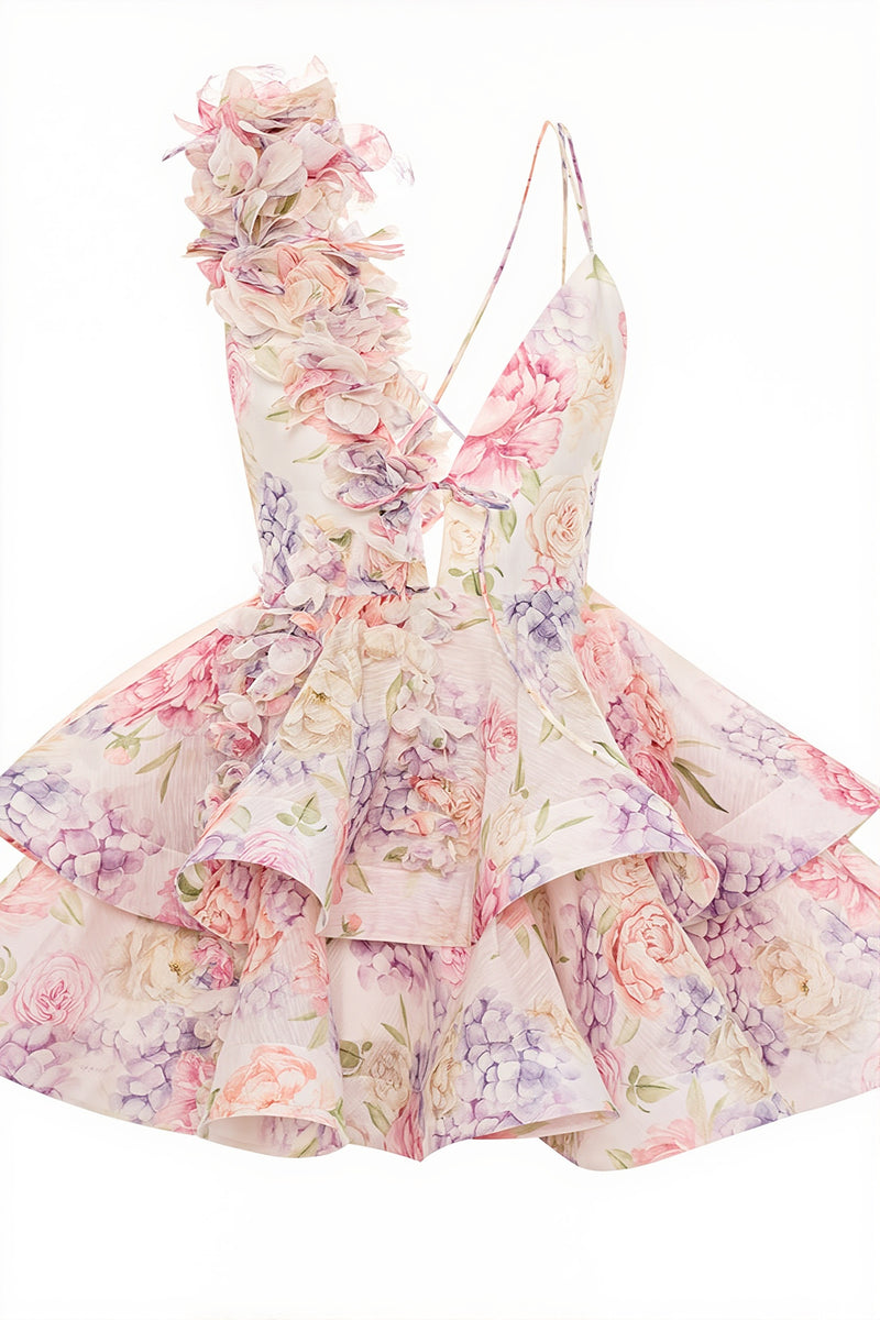 Chic Floral Print V Neck Sleeveless Backless Tulip Mini Dress