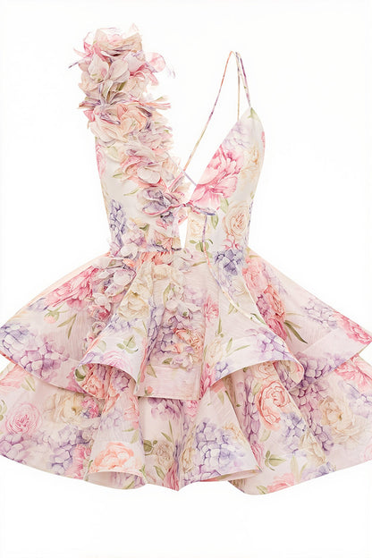 Chic Floral Print V Neck Sleeveless Backless Tulip Mini Dress
