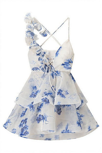 Chic Floral Print V Neck Sleeveless Backless Tulip Mini Dress
