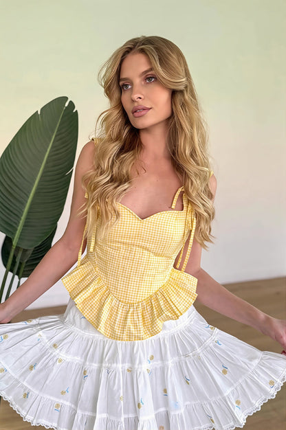 Chic Gingham Ruffle Lace Up Waist Cinch Cami Top
