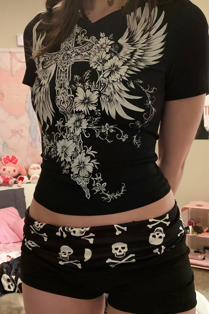 Chic Gothic Skull Low Rise Bodycon Denim Shorts