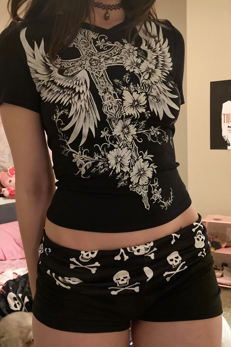 Chic Gothic Skull Low Rise Bodycon Denim Shorts