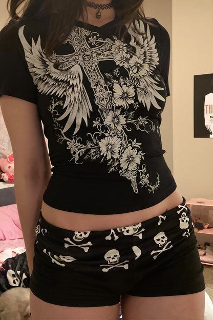 Chic Gothic Skull Low Rise Bodycon Denim Shorts