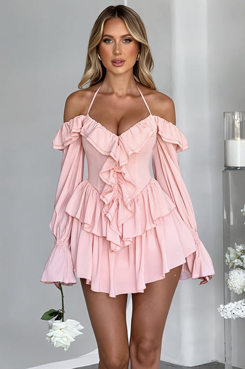 Chic Halter Neck Lace Up Ruffle Hem Romper