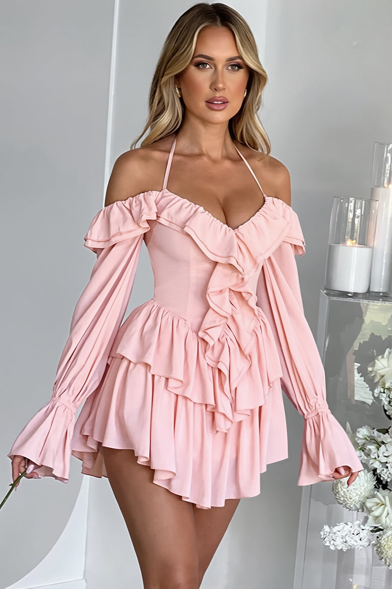 Chic Halter Neck Lace Up Ruffle Hem Romper