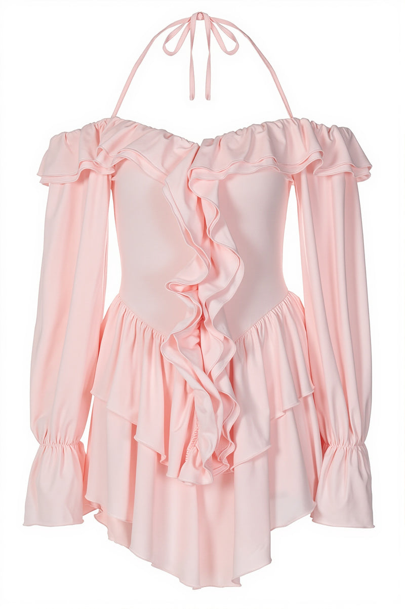 Chic Halter Neck Lace Up Ruffle Hem Romper