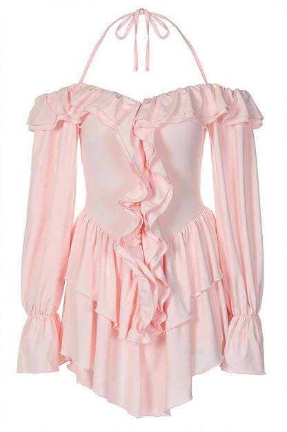 Chic Halter Neck Lace Up Ruffle Hem Romper