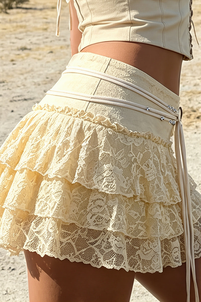 Chic Lace Drawstring Ruffle Tiered Mini Skirt