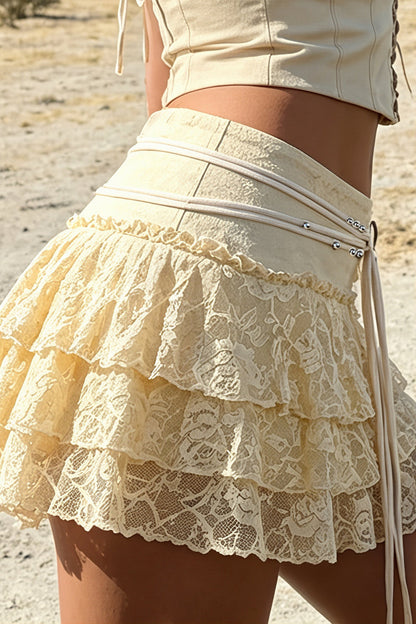 Chic Lace Drawstring Ruffle Tiered Mini Skirt