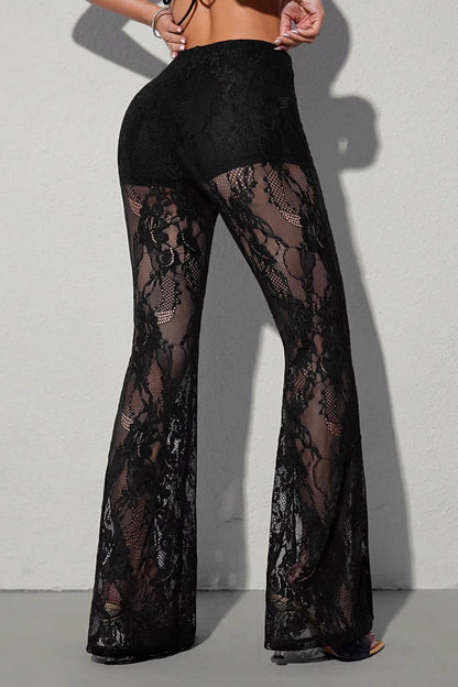 Chic Lace Panel Flared Mesh Pants