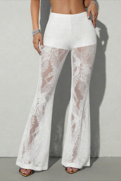 Chic Lace Panel Flared Mesh Pants