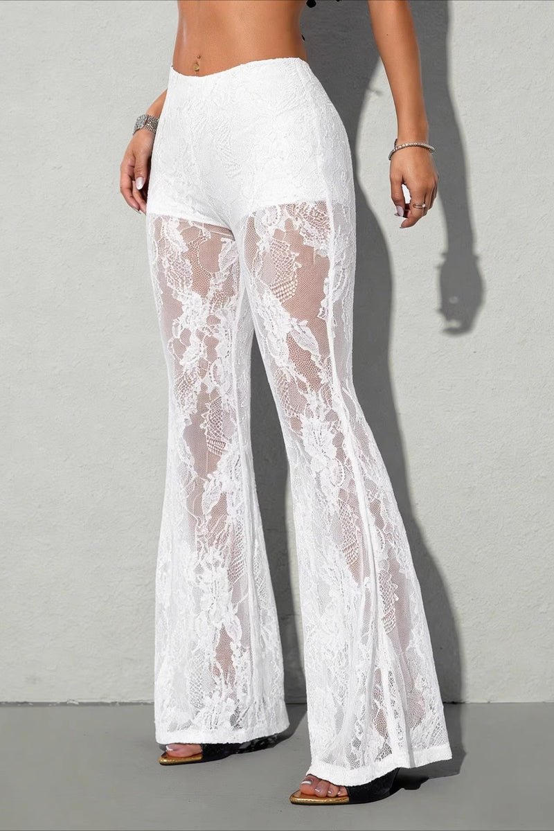 Chic Lace Panel Flared Mesh Pants