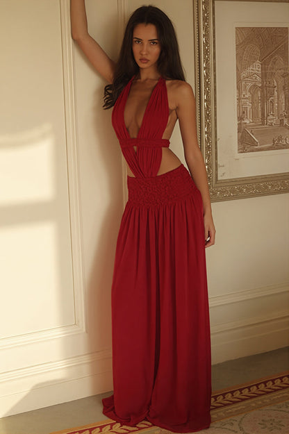 Chic Lace Trim Halter Neck Open Back A Line Maxi Dress