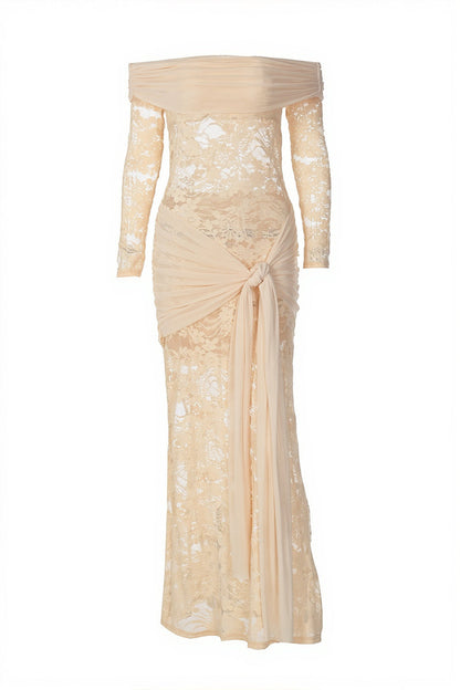 Chic Lace Trim Off Shoulder Long Sleeve Wrap Maxi Dress
