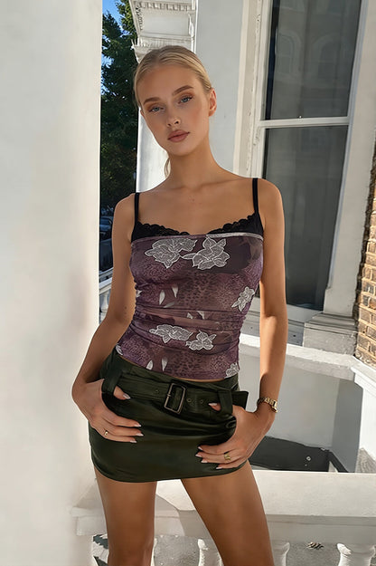 Chic Lace Trim Print Panel Everyday Cami Top