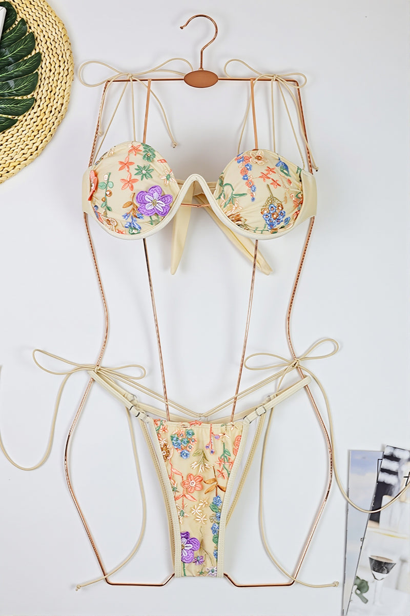 Chic Lace Up Embroidered Underwire Bikini Sets