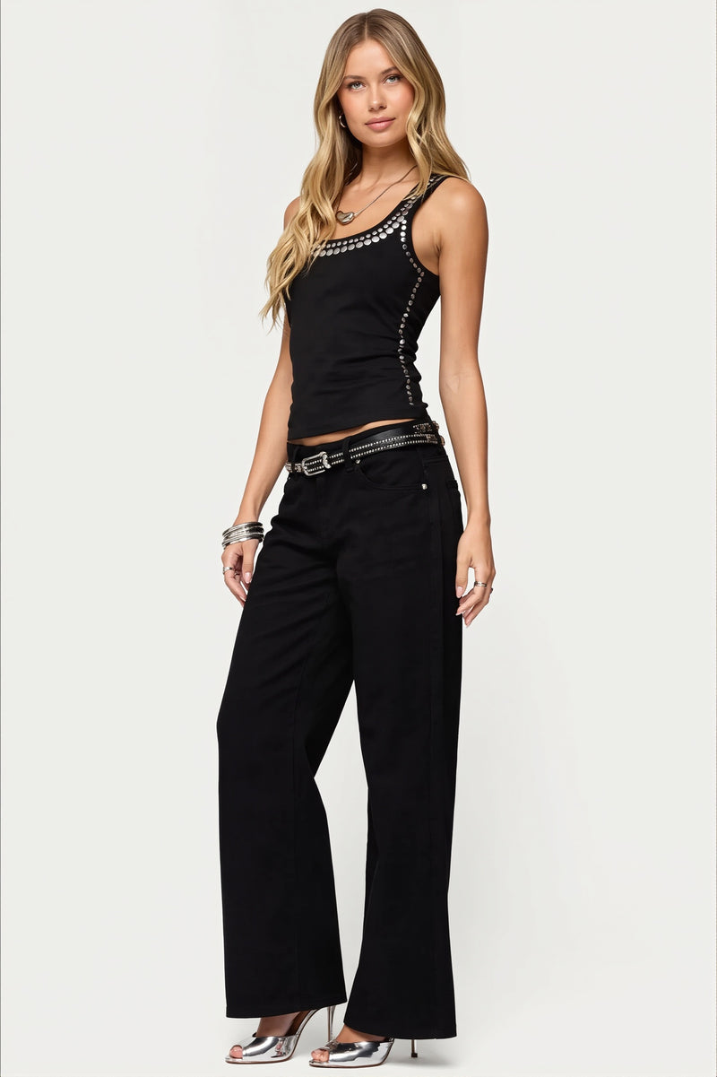 Chic Metal Stud Round Neck Fitted Tank Top