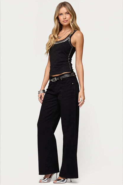 Chic Metal Stud Round Neck Fitted Tank Top