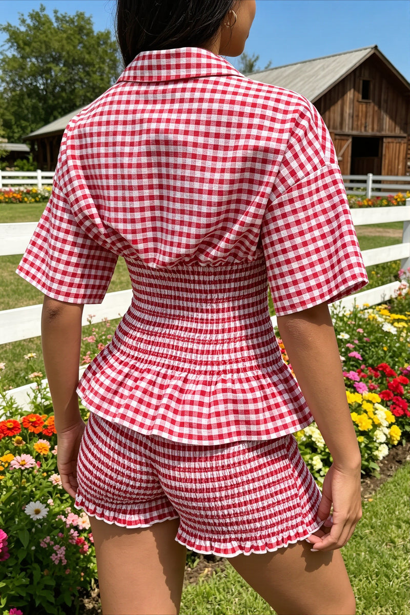 Chic Plaid Lapel Puff Sleeve Slim Ruffle Short Two Piece Set