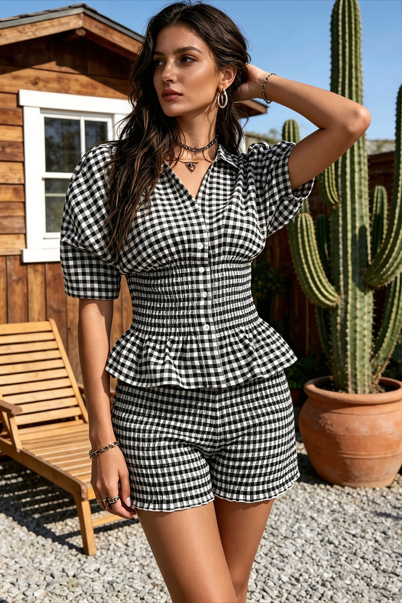 Chic Plaid Lapel Puff Sleeve Slim Ruffle Short Two Piece Set