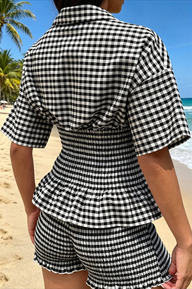 Chic Plaid Lapel Puff Sleeve Slim Ruffle Short Two Piece Set