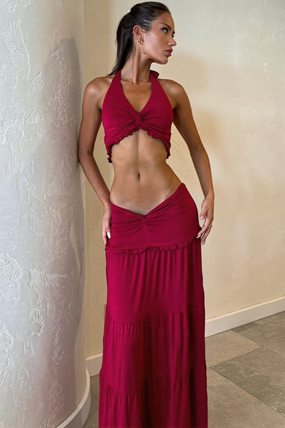 Chic Pleated Halter Neck Crop Top Skirt Sets