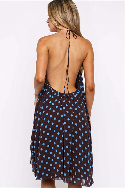Chic Polka Dot Halter Backless Tie Waist Mini Dress