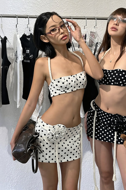 Chic Polka Dot Halter Neck Crop Top Midi Skirt Two Piece Set