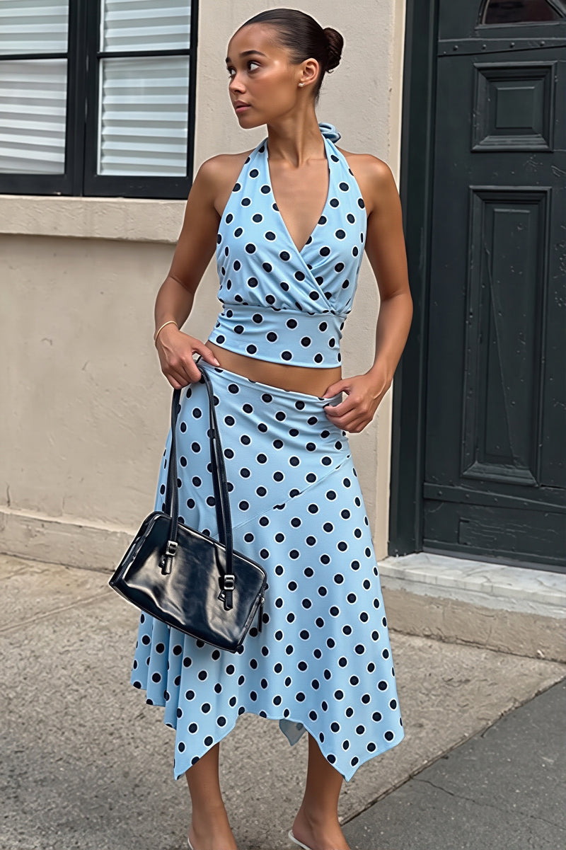 Chic Polka Dot Halter Neck Crop Top Skirt Sets