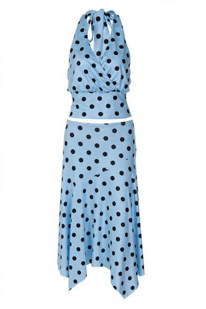Chic Polka Dot Halter Neck Crop Top Skirt Sets