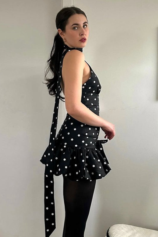 Chic Polka Dot Tie Backless Mini Dress