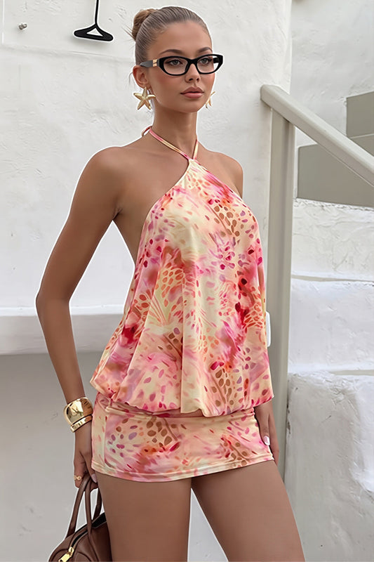 Chic Print Halter Backless Tie Waist Bodycon Mini Dress