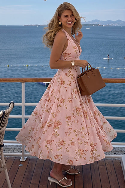 Chic Print Halter Neck V Neck Sheer Mesh Backless Midi Dress