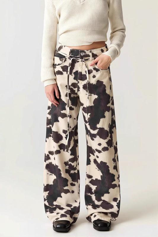 Chic Retro Cow Print Washed Straight Jeans