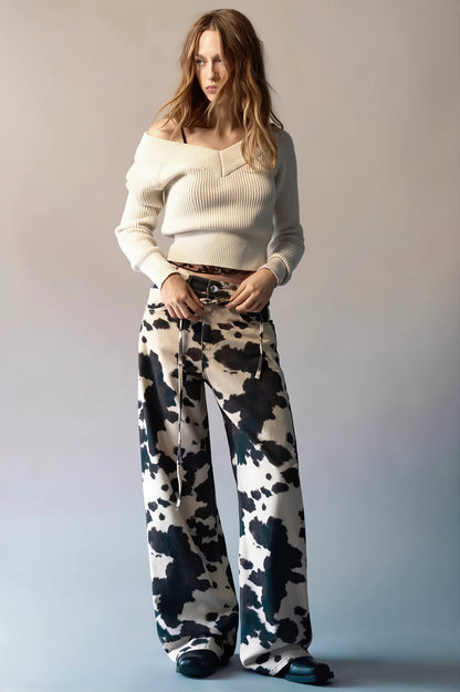 Chic Retro Cow Print Washed Straight Jeans