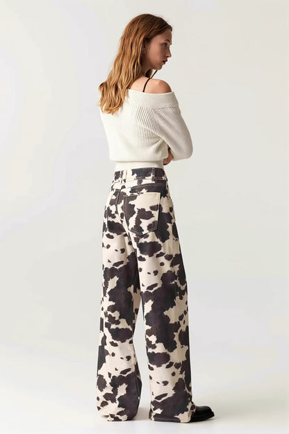 Chic Retro Cow Print Washed Straight Jeans