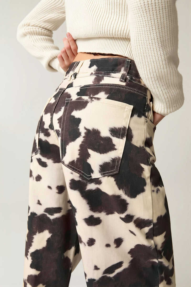 Chic Retro Cow Print Washed Straight Jeans