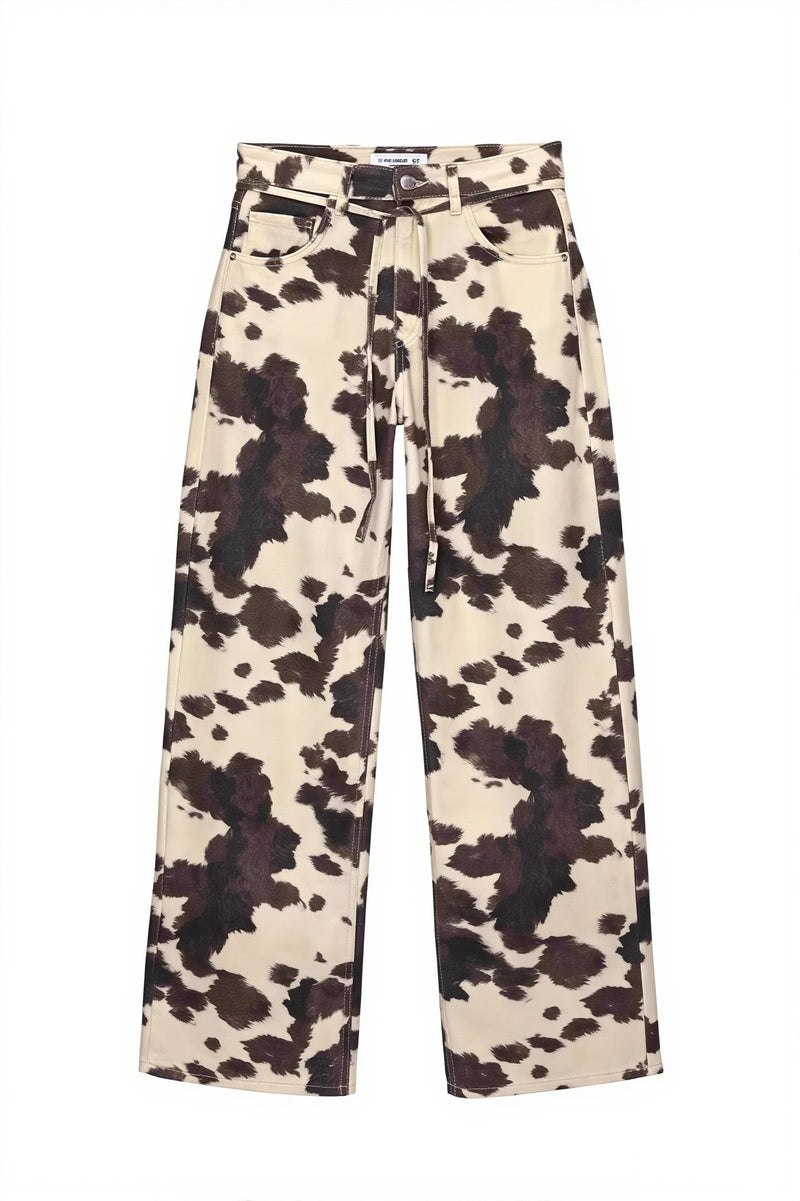 Chic Retro Cow Print Washed Straight Jeans