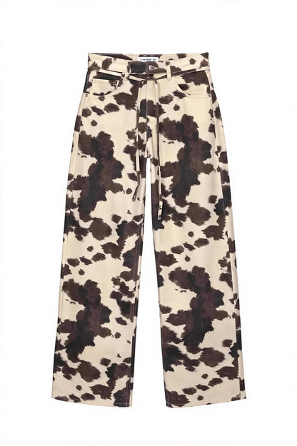 Chic Retro Cow Print Washed Straight Jeans