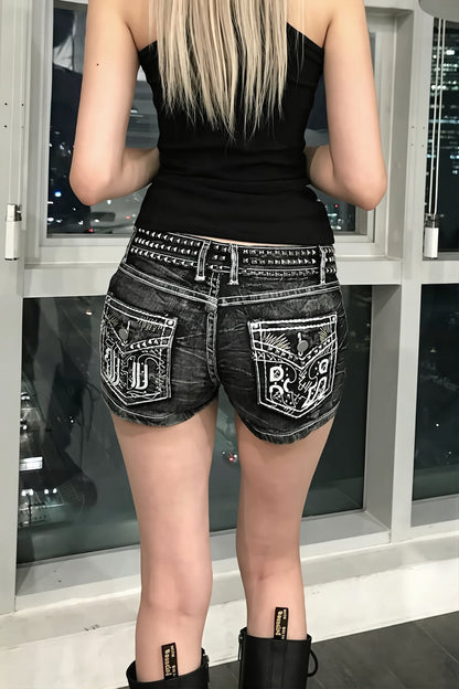 Chic Retro Destroyed Embroidered Rivet Denim Shorts