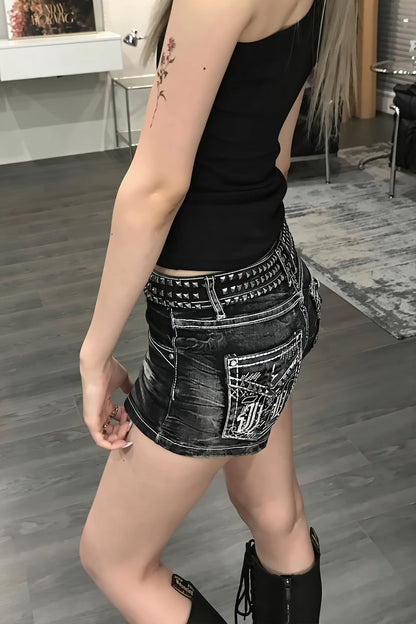 Chic Retro Destroyed Embroidered Rivet Denim Shorts