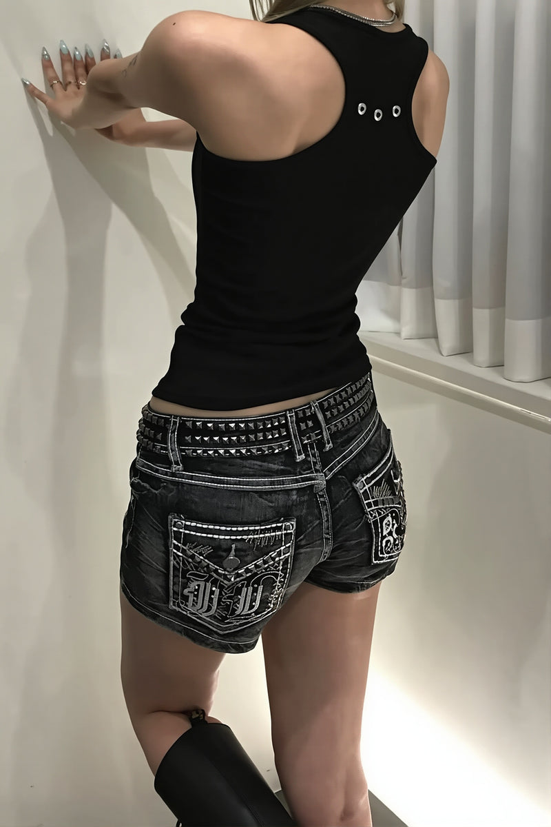 Chic Retro Destroyed Embroidered Rivet Denim Shorts