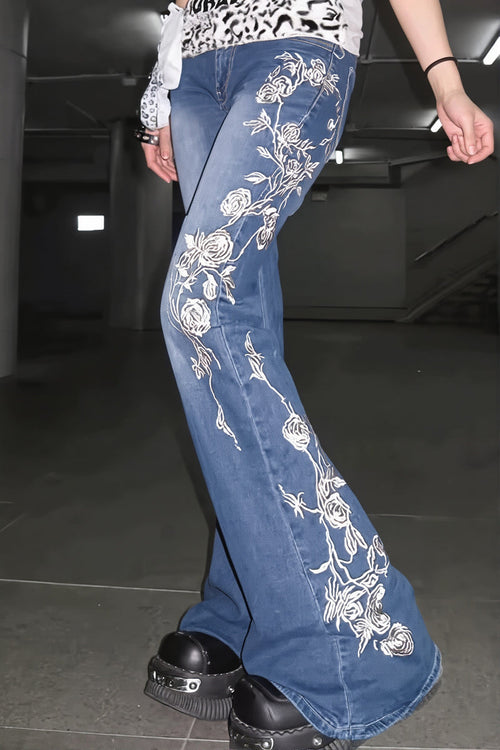Chic Retro Rose Embroidery Low Rise Flared Jeans