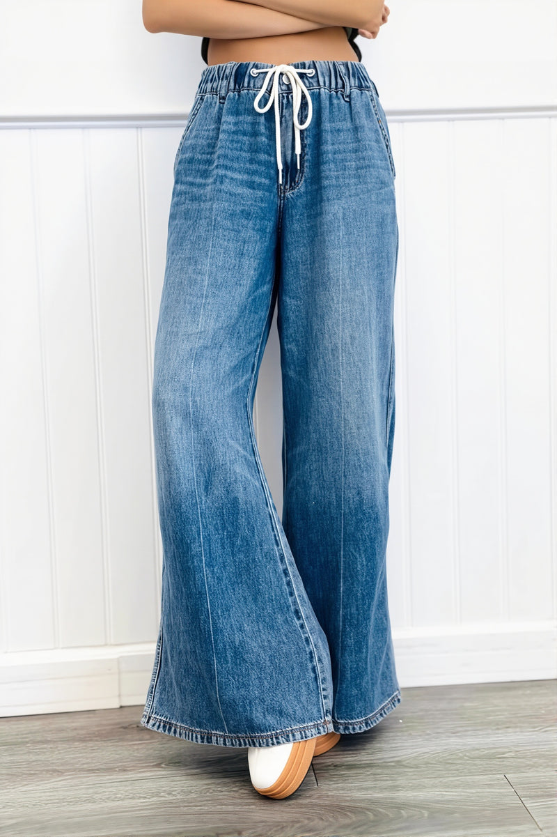 Chic Retro Washed Elastic Drawstring Straight Jeans