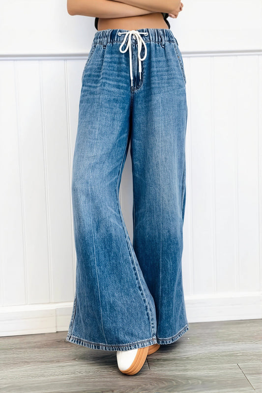 Chic Retro Washed Elastic Drawstring Straight Jeans
