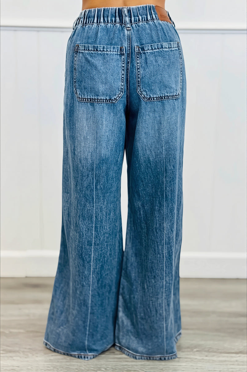 Chic Retro Washed Elastic Drawstring Straight Jeans