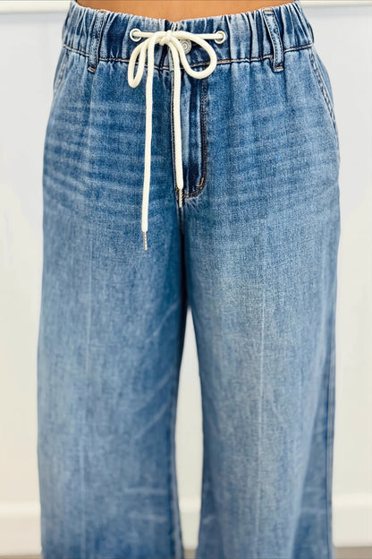Chic Retro Washed Elastic Drawstring Straight Jeans