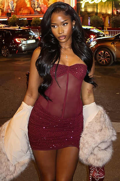 Chic Rhinestone Lace Up Mesh Cut Out Bodycon Mini Dress